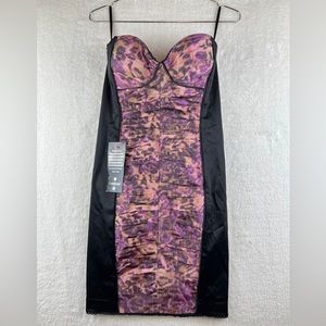 BEBE Belle Du Jour Ruched Taffeta Pencil Dress Black and Purple Size Small